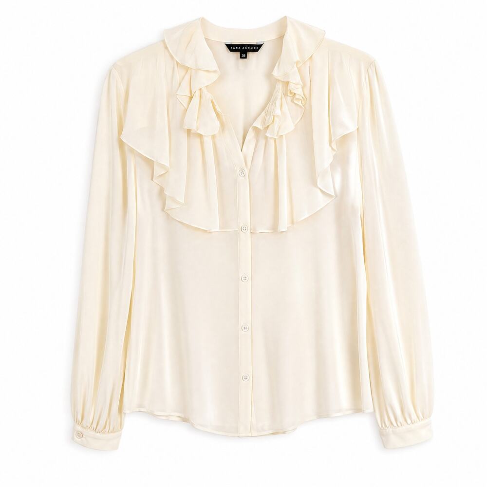 Tara Jarmon NWT Cream Ecru Crepe Silk Ruffle Neck Blouse US 6
